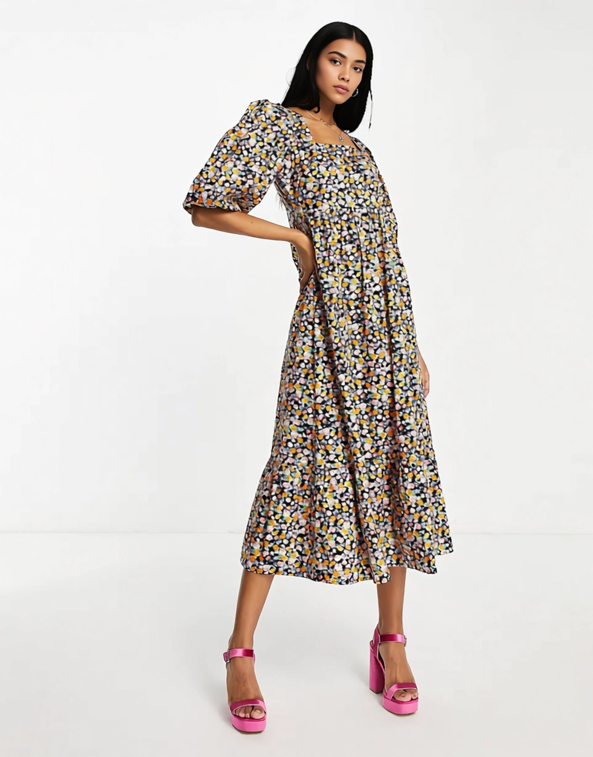Edited Womens Cotton Short Sleeve Smock Dress With Pleated Hem in Retro Floral