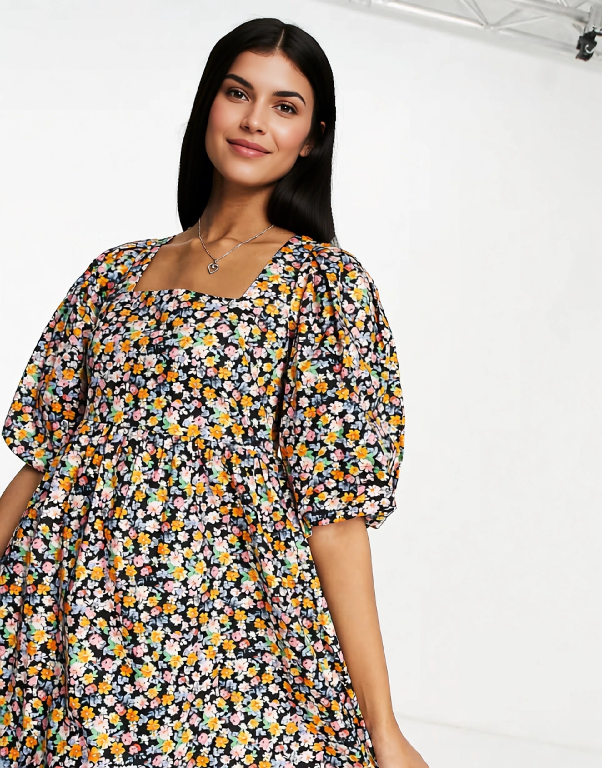 Edited Womens Cotton Short Sleeve Smock Dress With Pleated Hem in Retro Floral