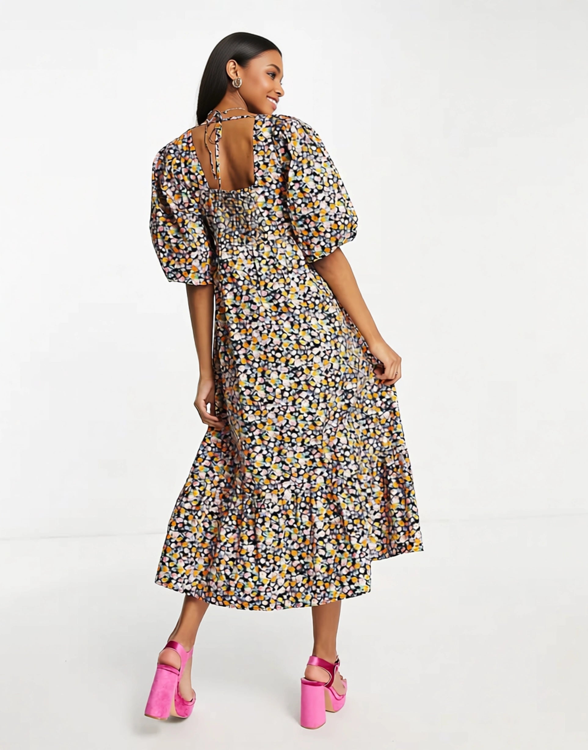 Edited Womens Cotton Short Sleeve Smock Dress With Pleated Hem in Retro Floral