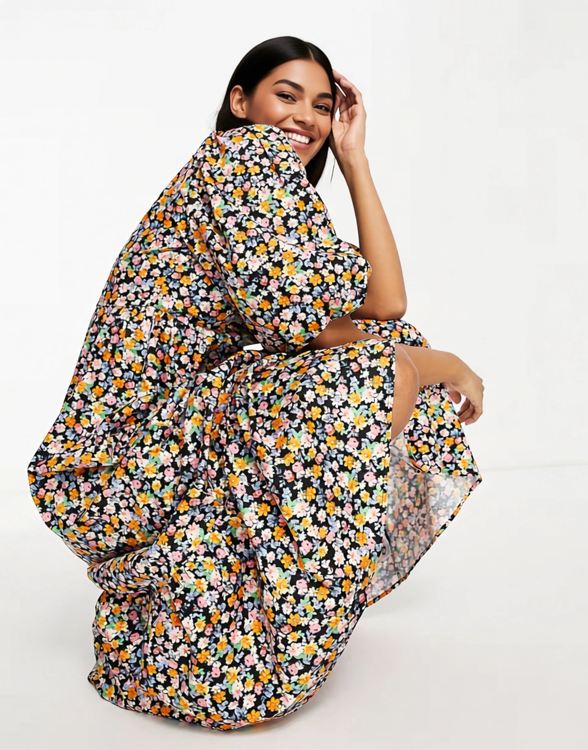 Edited Womens Cotton Short Sleeve Smock Dress With Pleated Hem in Retro Floral