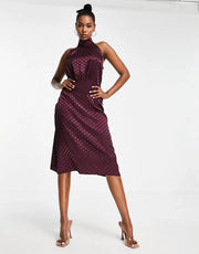 Vesper high neck satin midi dress in oxblood