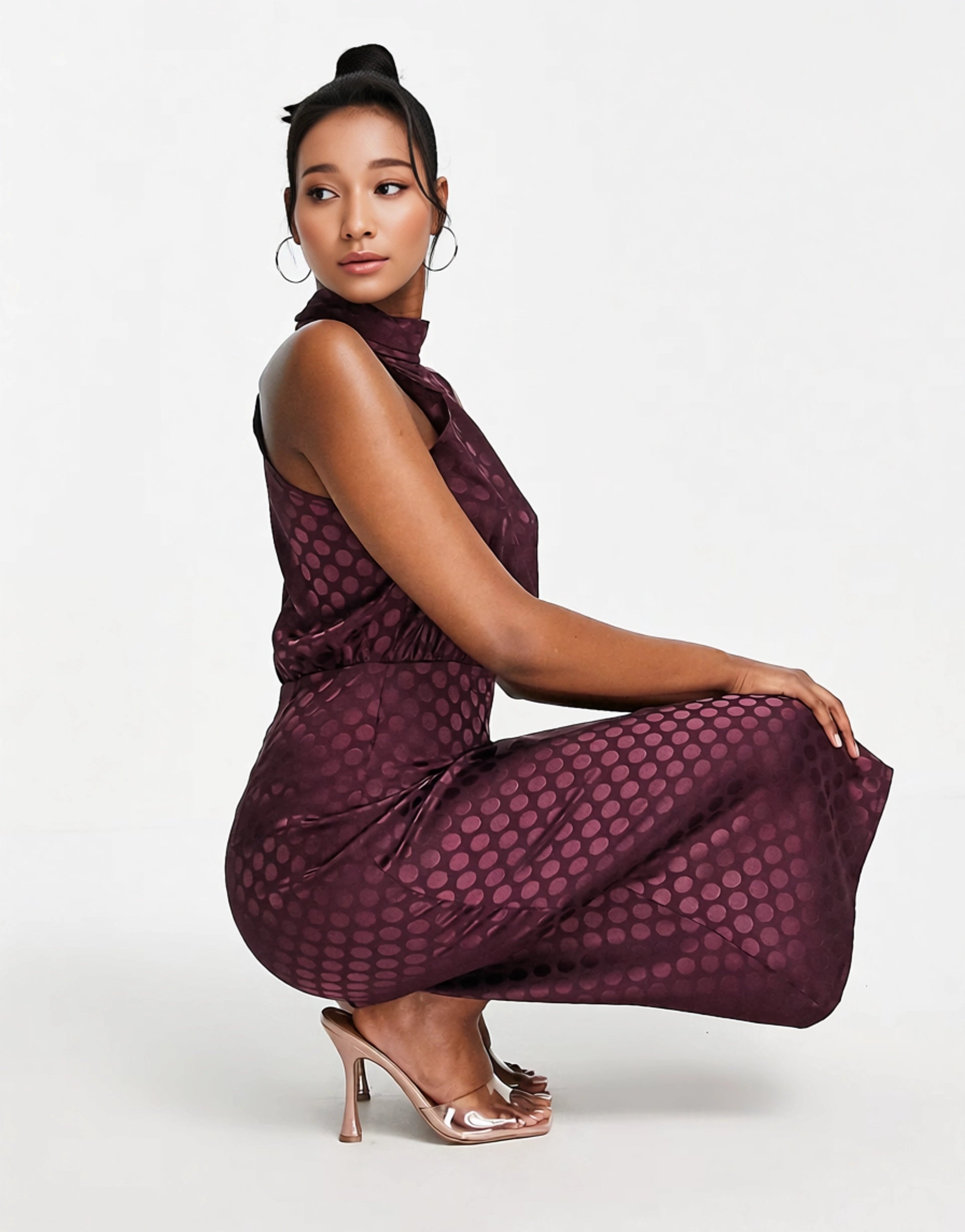 Vesper high neck satin midi dress in oxblood