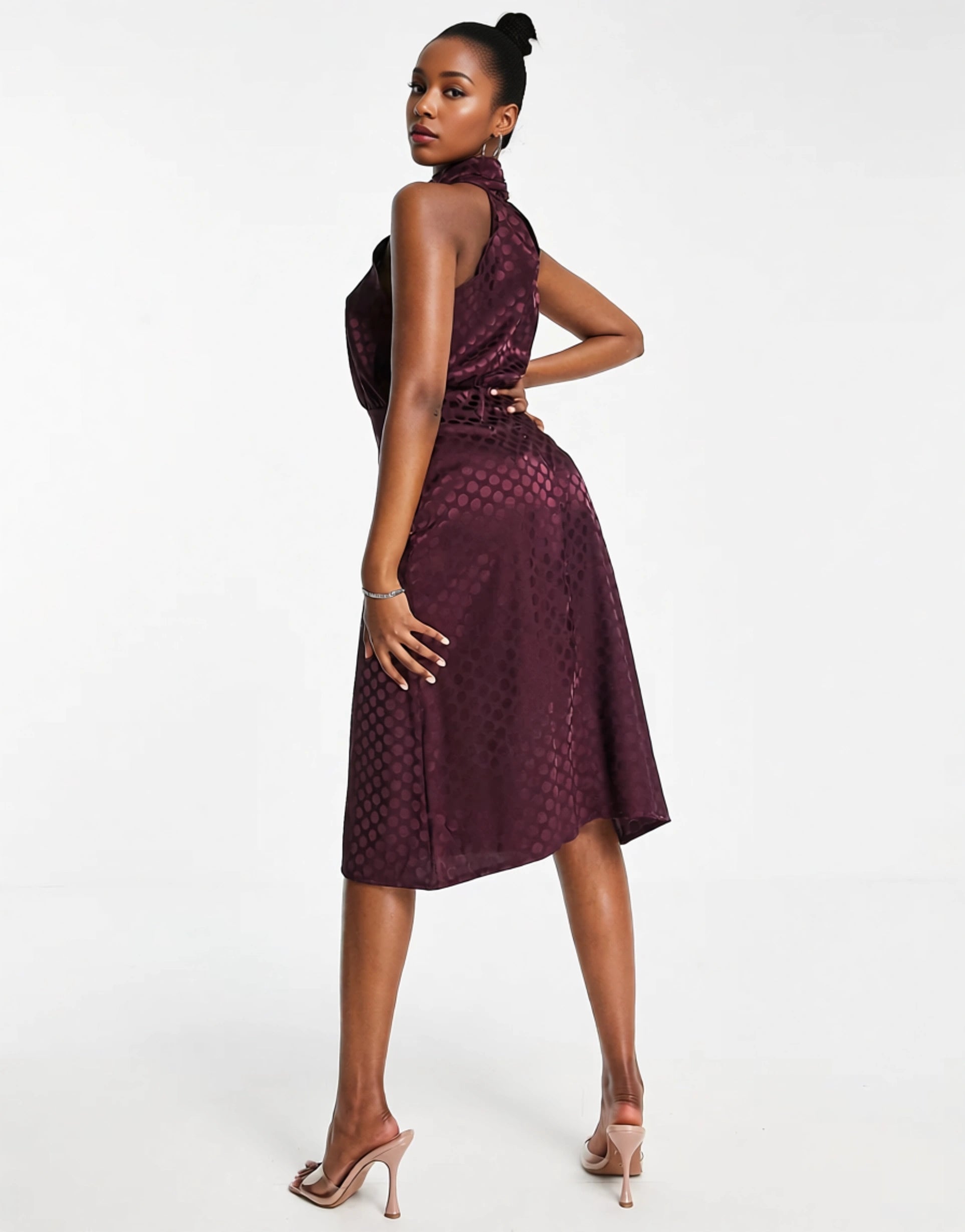 Vesper high neck satin midi dress in oxblood