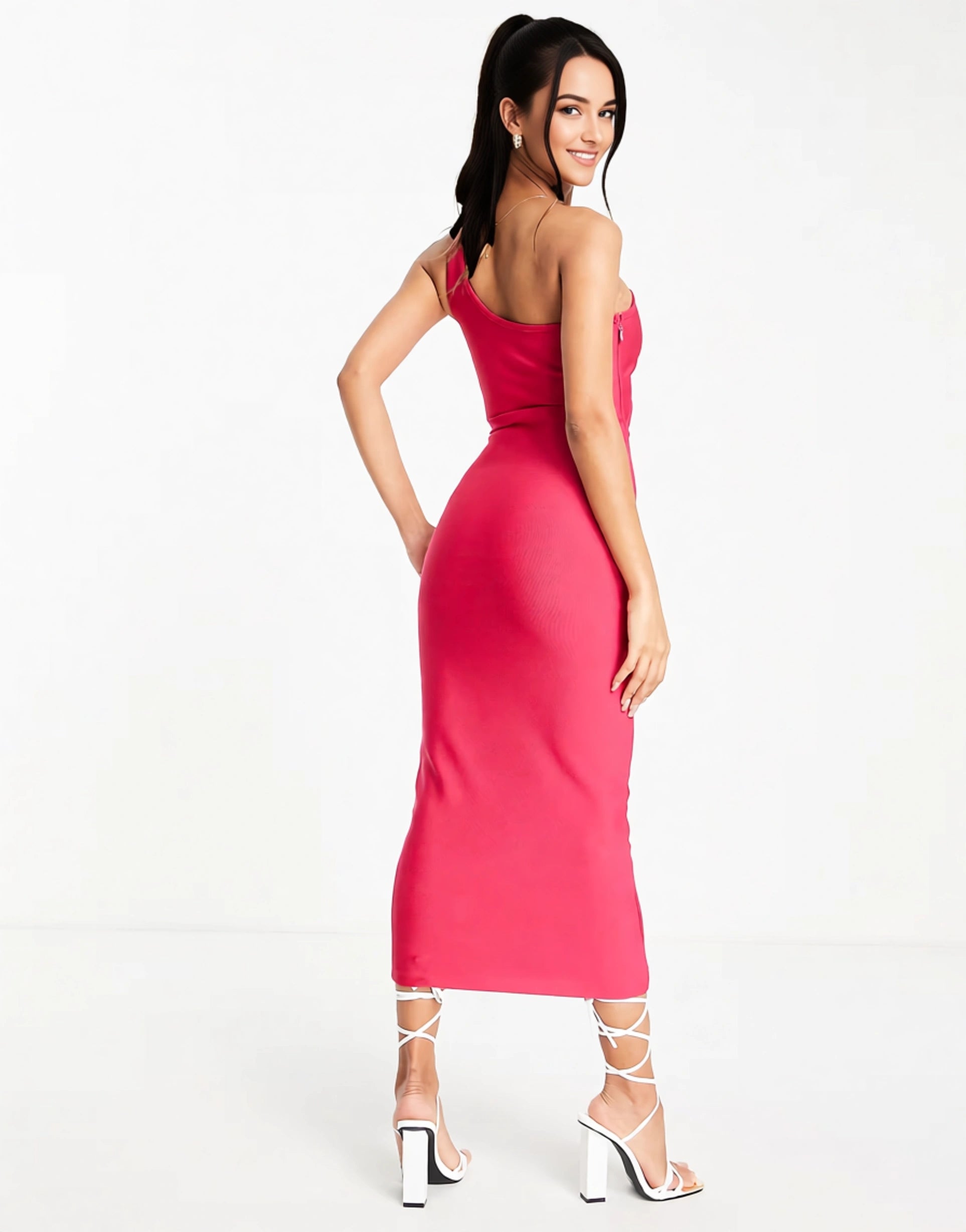 Band of Stars Women's Premium Bandage Midi Dress With One Shoulder Trim in Light Pink In Pink