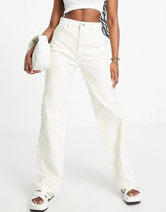 NA-KD Womens X Misslisibell Straight Leg Jeans in Beige Swirl Print