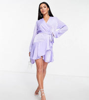 First Distraction Womens The Label Petite Satin Mini Wrap Dress in Lilac