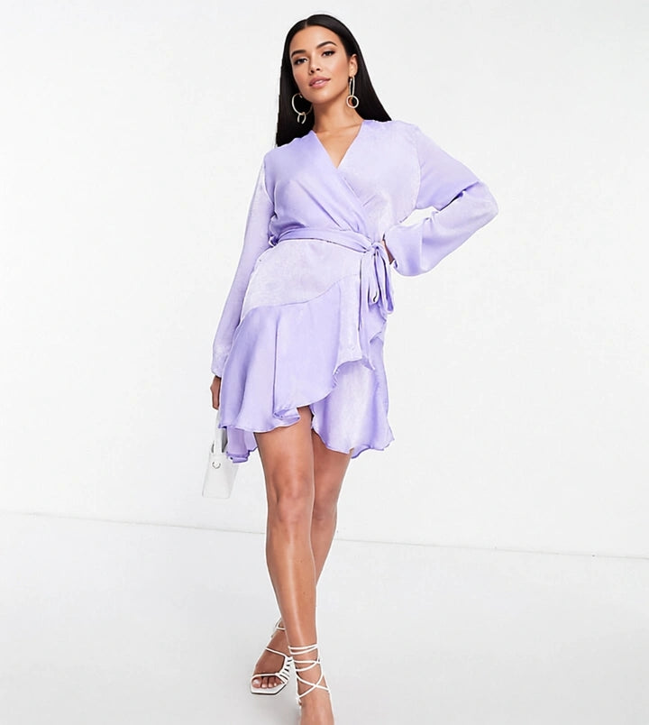 First Distraction Womens The Label Petite Satin Mini Wrap Dress in Lilac