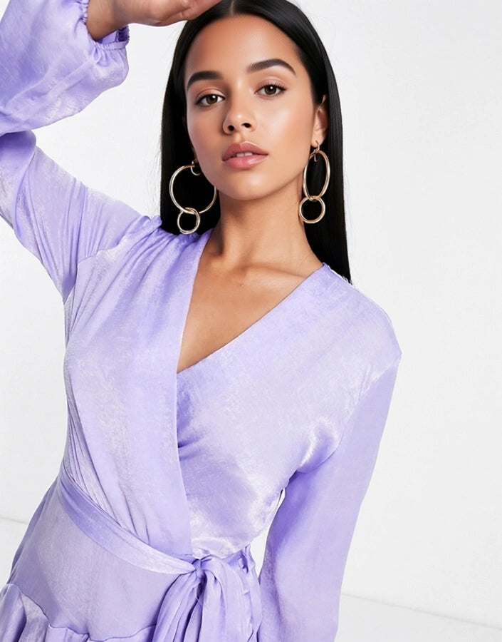 First Distraction Womens The Label Petite Satin Mini Wrap Dress in Lilac