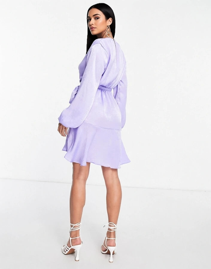 First Distraction Womens The Label Petite Satin Mini Wrap Dress in Lilac