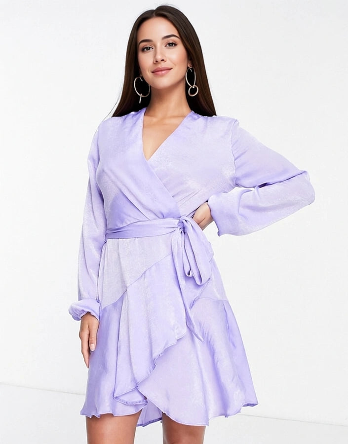First Distraction Womens The Label Petite Satin Mini Wrap Dress in Lilac