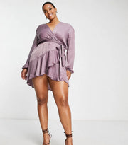 First Distraction Plus Women's The Label Satin Mini Wrap Dress in Light Purple In Purple