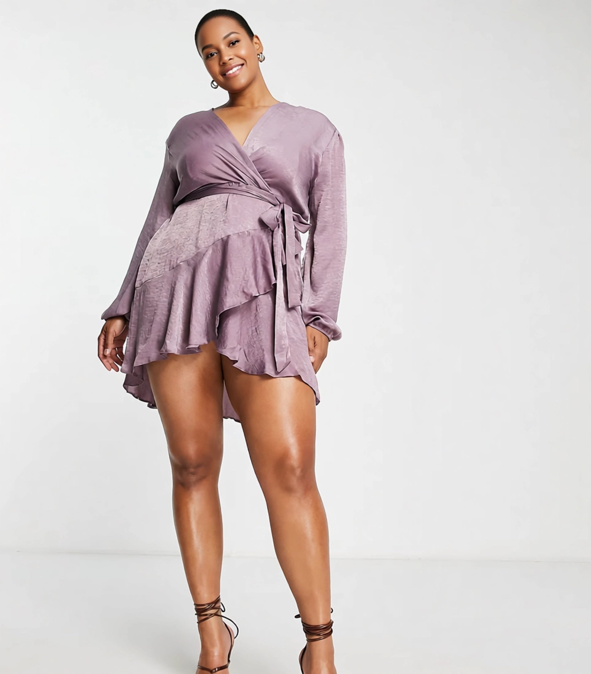 First Distraction Plus Women's The Label Satin Mini Wrap Dress in Light Purple In Purple