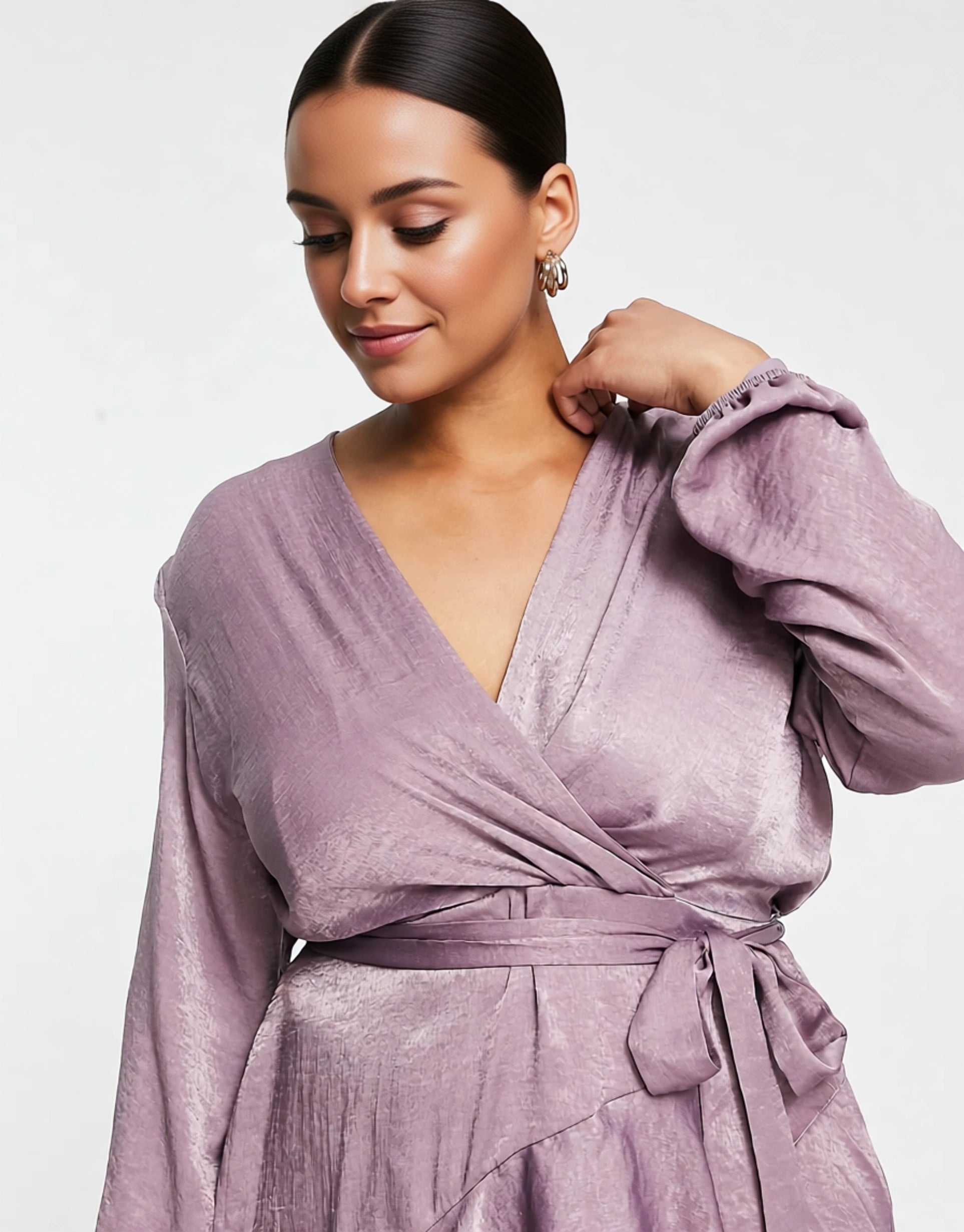 First Distraction Plus Women's The Label Satin Mini Wrap Dress in Light Purple In Purple