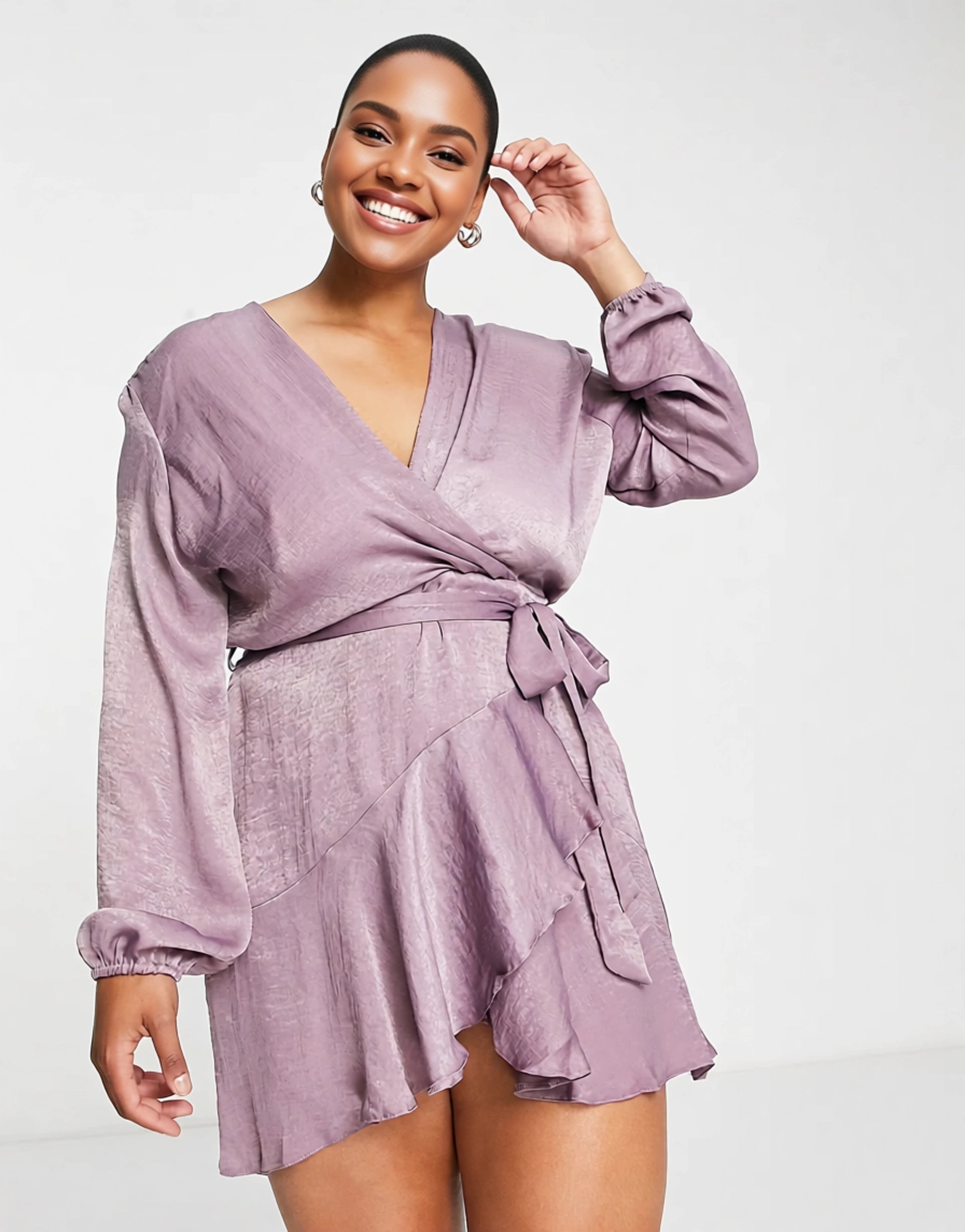 First Distraction Plus Women's The Label Satin Mini Wrap Dress in Light Purple In Purple