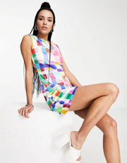 Twisted Wunder Womens Sleeveless Mini Dress in Bright Retro Check