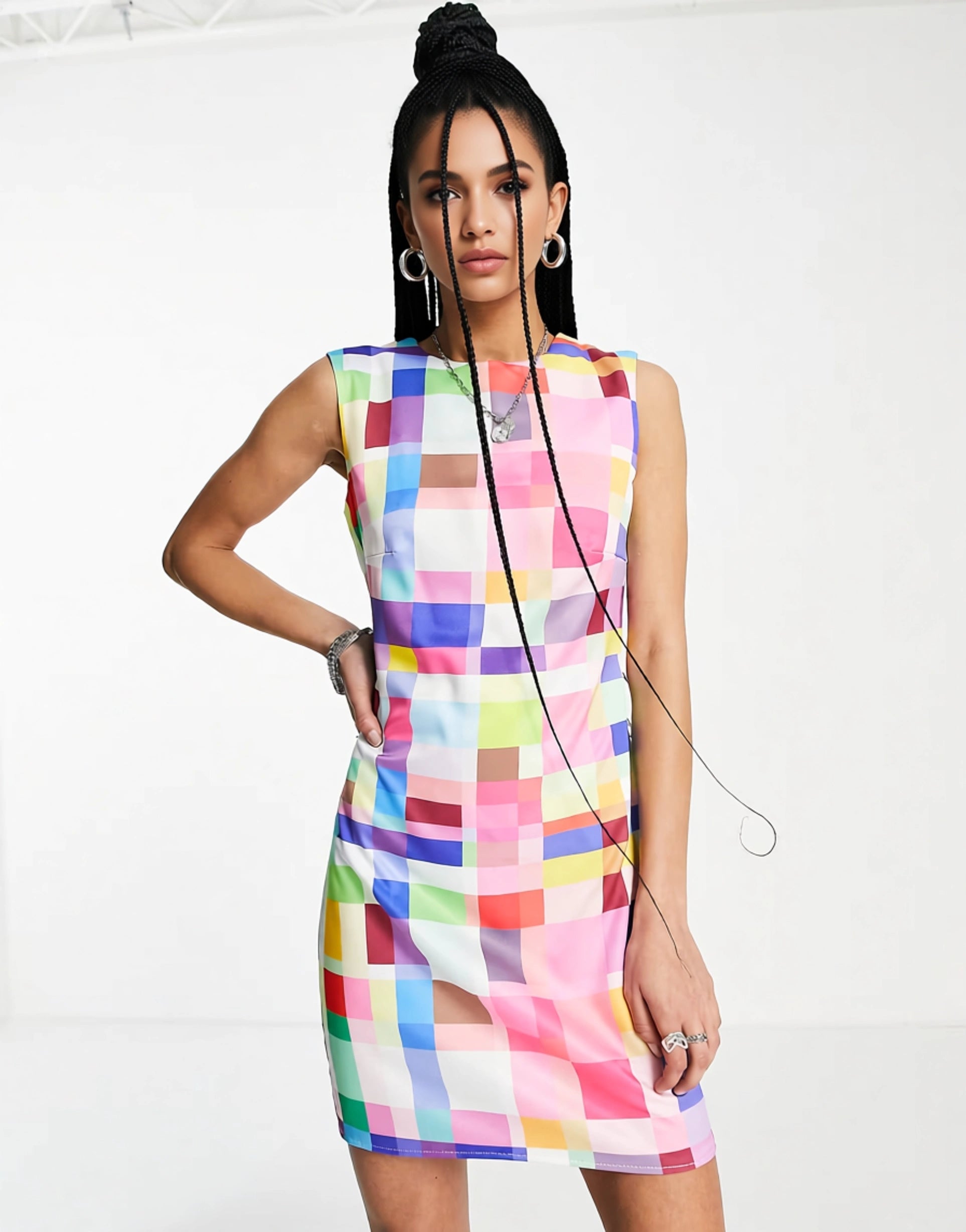 Twisted Wunder Womens Sleeveless Mini Dress in Bright Retro Check