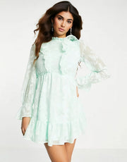 Twisted Wunder Womens Long Sleeve Mini Dress With Frill Detail in Mint Green