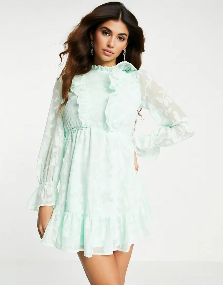 Twisted Wunder Womens Long Sleeve Mini Dress With Frill Detail in Mint Green