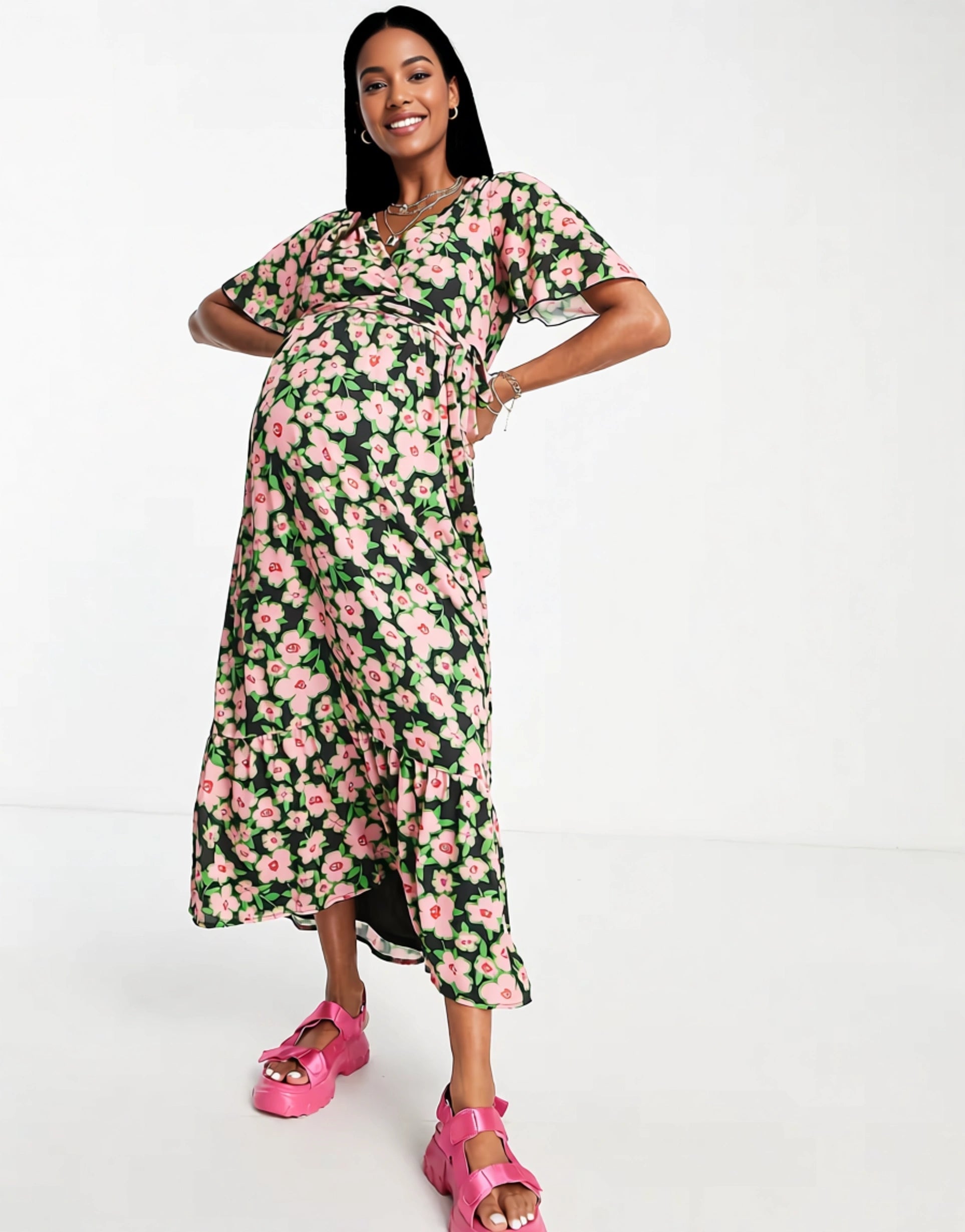 Twisted Wunder Womens Maternity Midi Wrap Dress in Spring Floral Print In Pink
