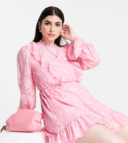 Twisted Wunder Plus Womens Long Sleeve Mini Dress With Frill Detail In Pink