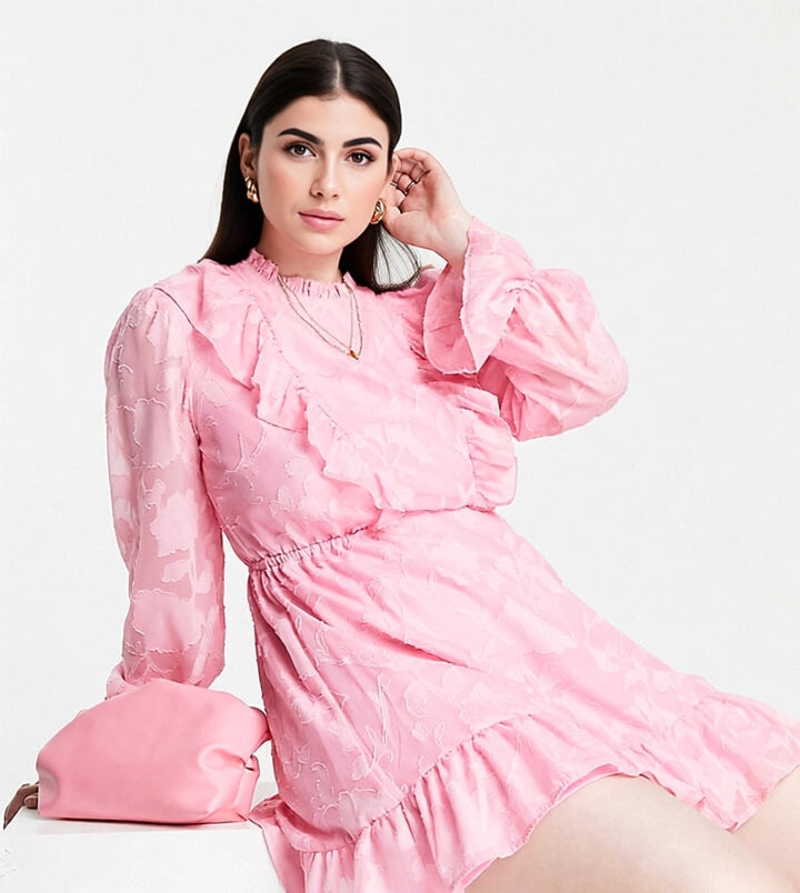 Twisted Wunder Plus Womens Long Sleeve Mini Dress With Frill Detail In Pink