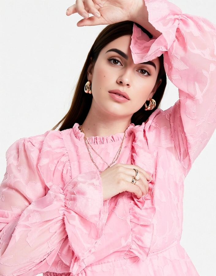 Twisted Wunder Plus Womens Long Sleeve Mini Dress With Frill Detail In Pink
