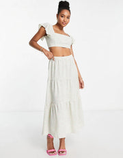 Womens Collective The Label Petite Frill Shoulder Crop Top Co-Ord In Sage Ditsy Floral