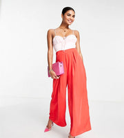 Collective The Label Petite Womens Contrast Wide Leg Jumpsuit in Red Colour Block In Red