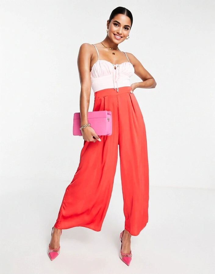 Collective The Label Petite Womens Contrast Wide Leg Jumpsuit in Red Colour Block In Red