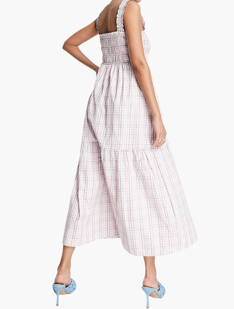 French Connection square neck maxi dress in pink check