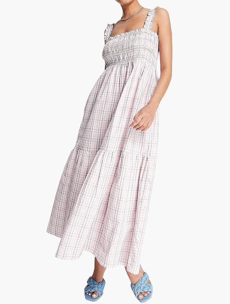 French Connection square neck maxi dress in pink check