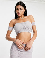 Jaded Rose Women's Ruched Slinky Crop Top in Soft Grey Co-Ord In Grey