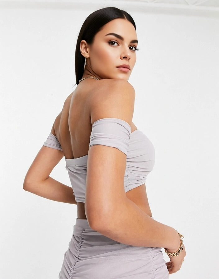 Jaded Rose Women's Ruched Slinky Crop Top in Soft Grey Co-Ord In Grey
