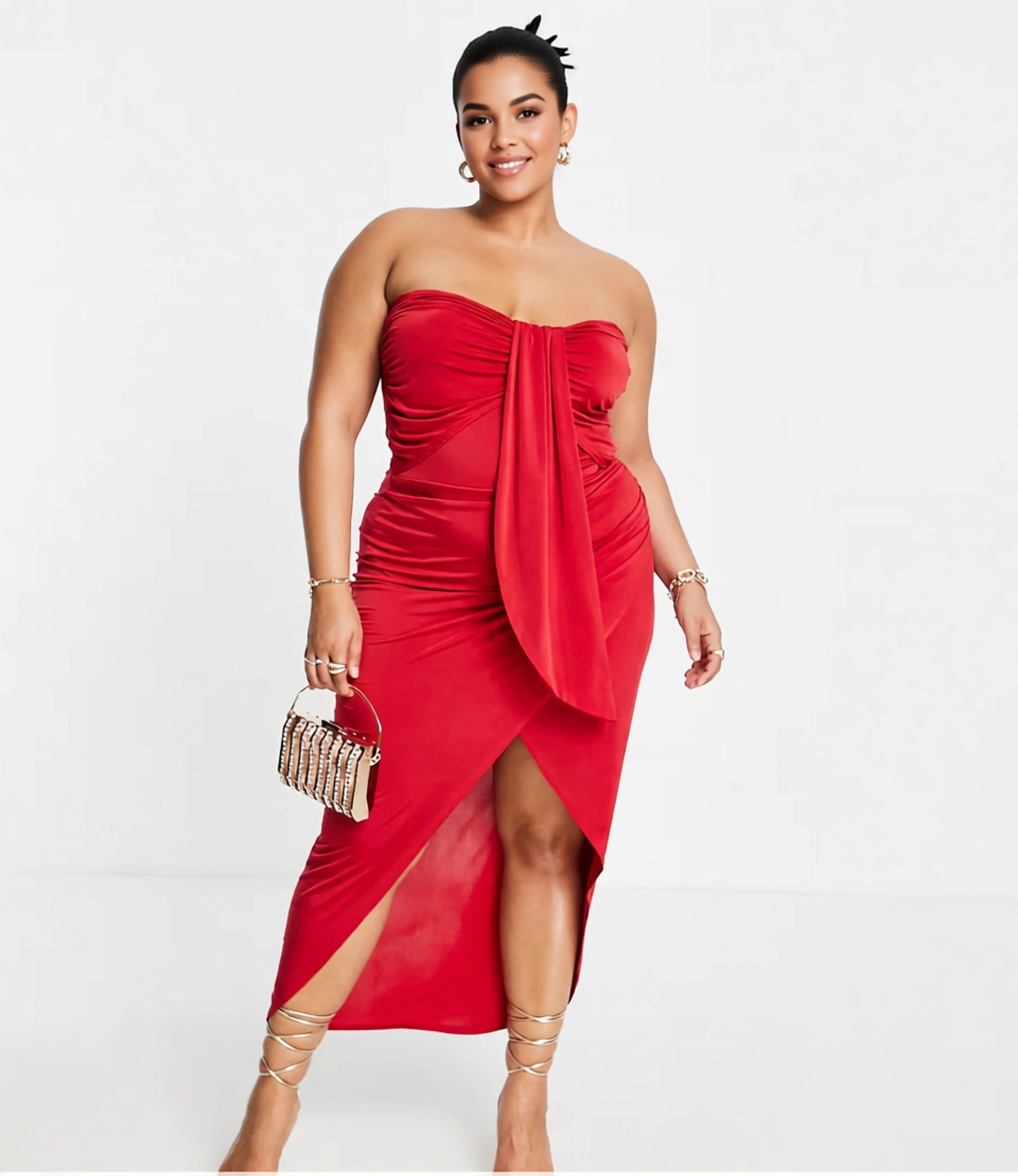 Jaded Rose Plus Women's Bandeau Midi Dress in Red Drape In Red