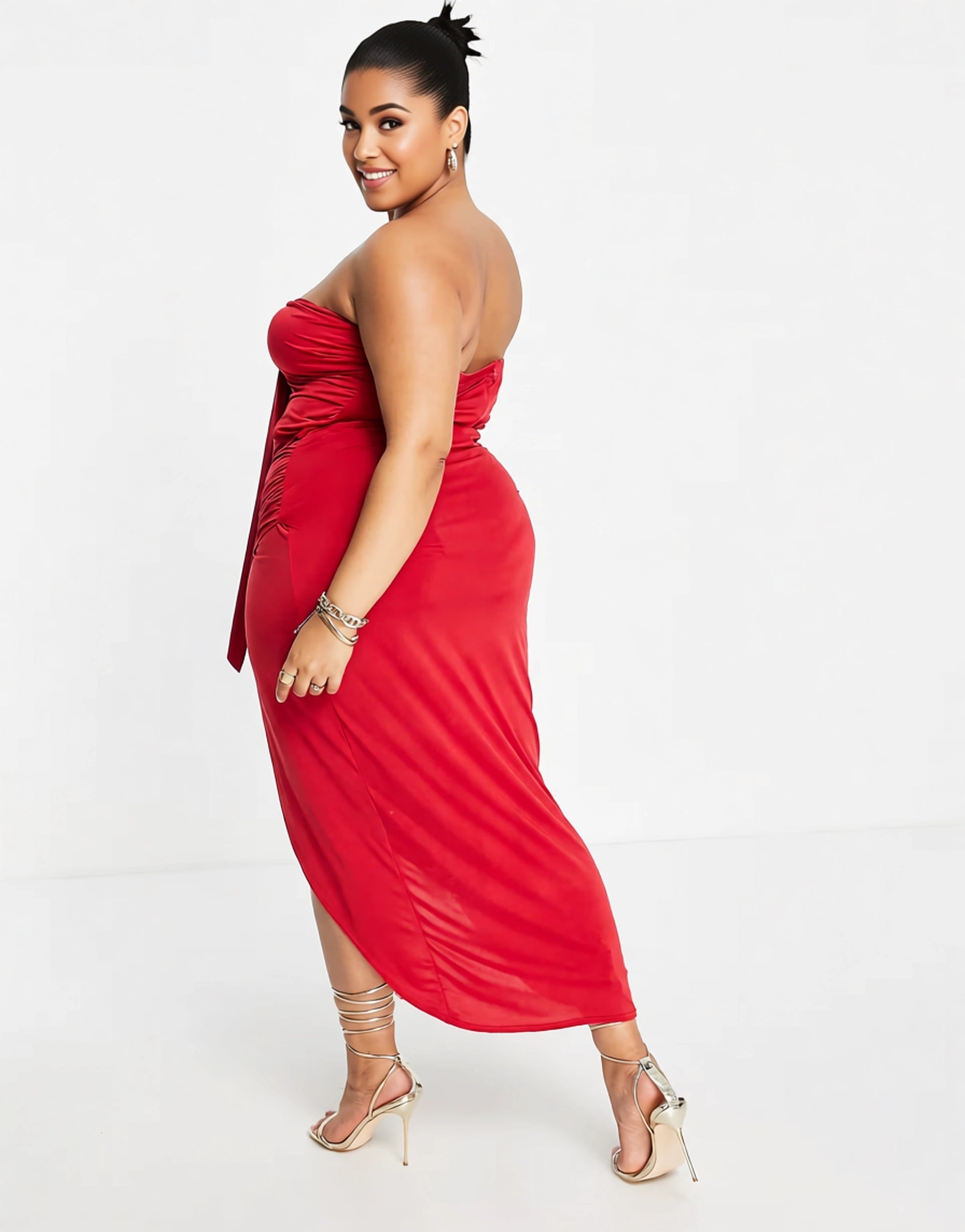 Jaded Rose Plus Women's Bandeau Midi Dress in Red Drape In Red