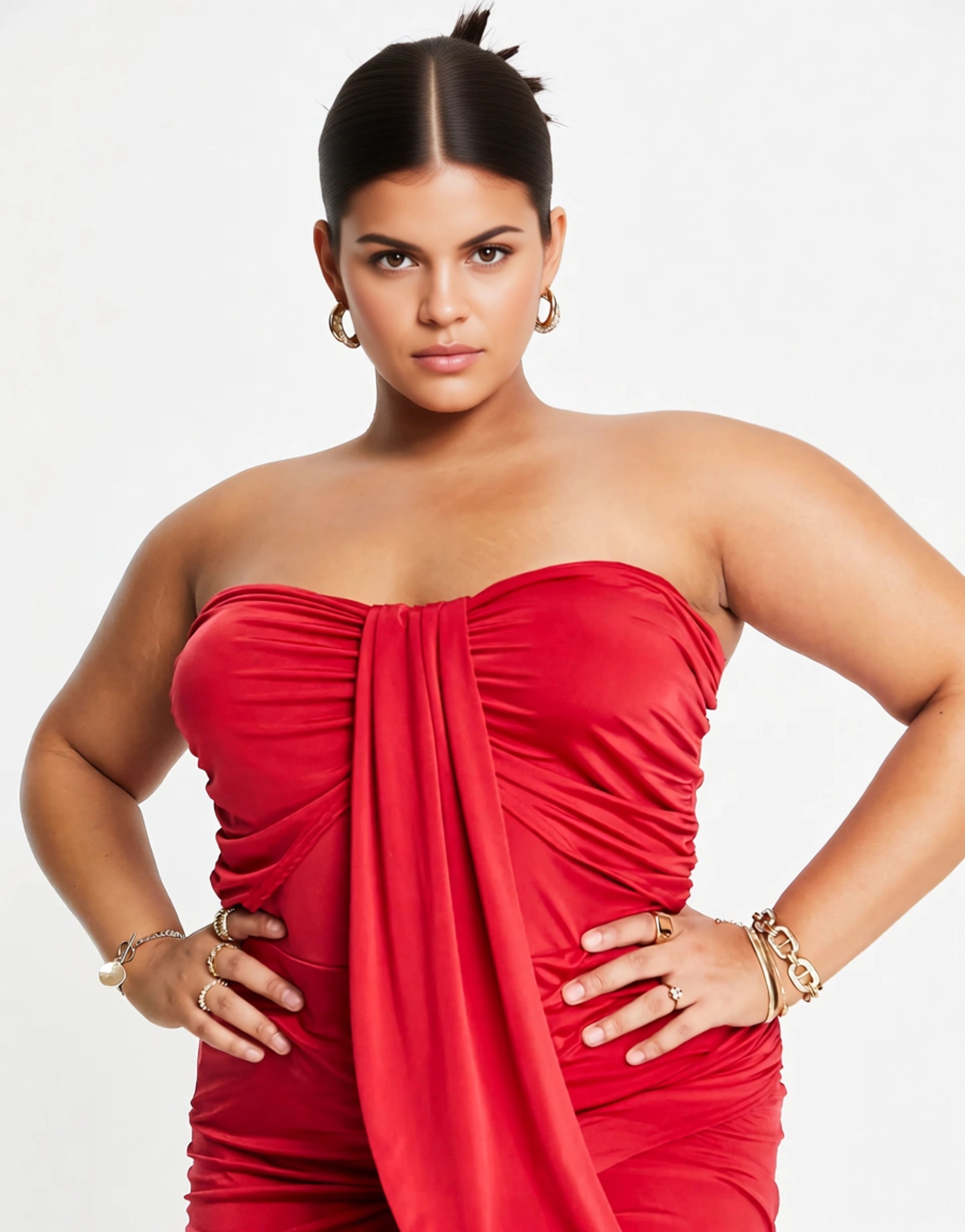Jaded Rose Plus Women's Bandeau Midi Dress in Red Drape In Red