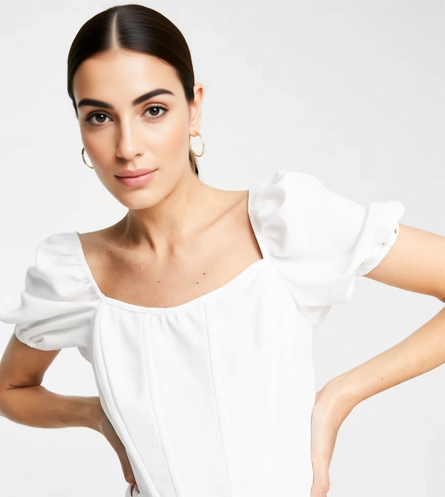 Jaded Rose Tall Womens Puff Sleeve Corset Top in Ecru Co-Ord In White