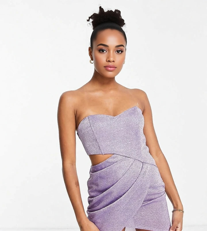 Jaded Rose Tall Womens Wrap Front Bandeau Mini Dress in Lilac Sparkle