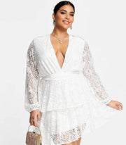John Zack Plus Womens Lace Long Sleeve Mini Dress In White