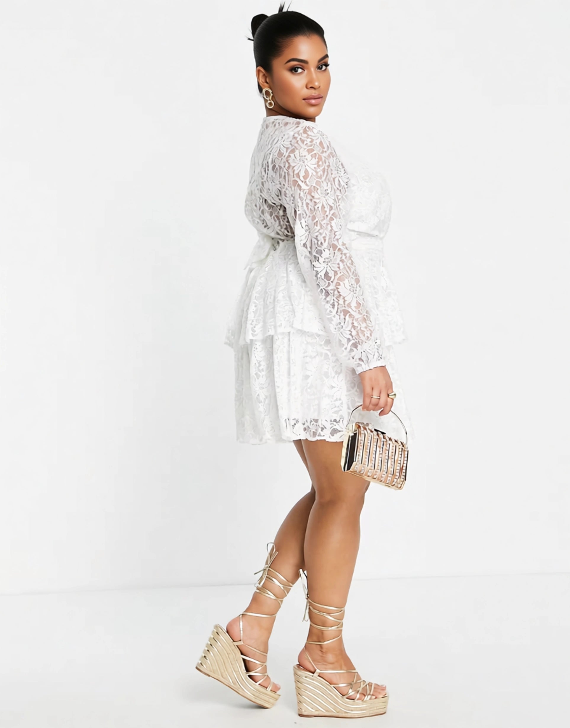 John Zack Plus Womens Lace Long Sleeve Mini Dress In White