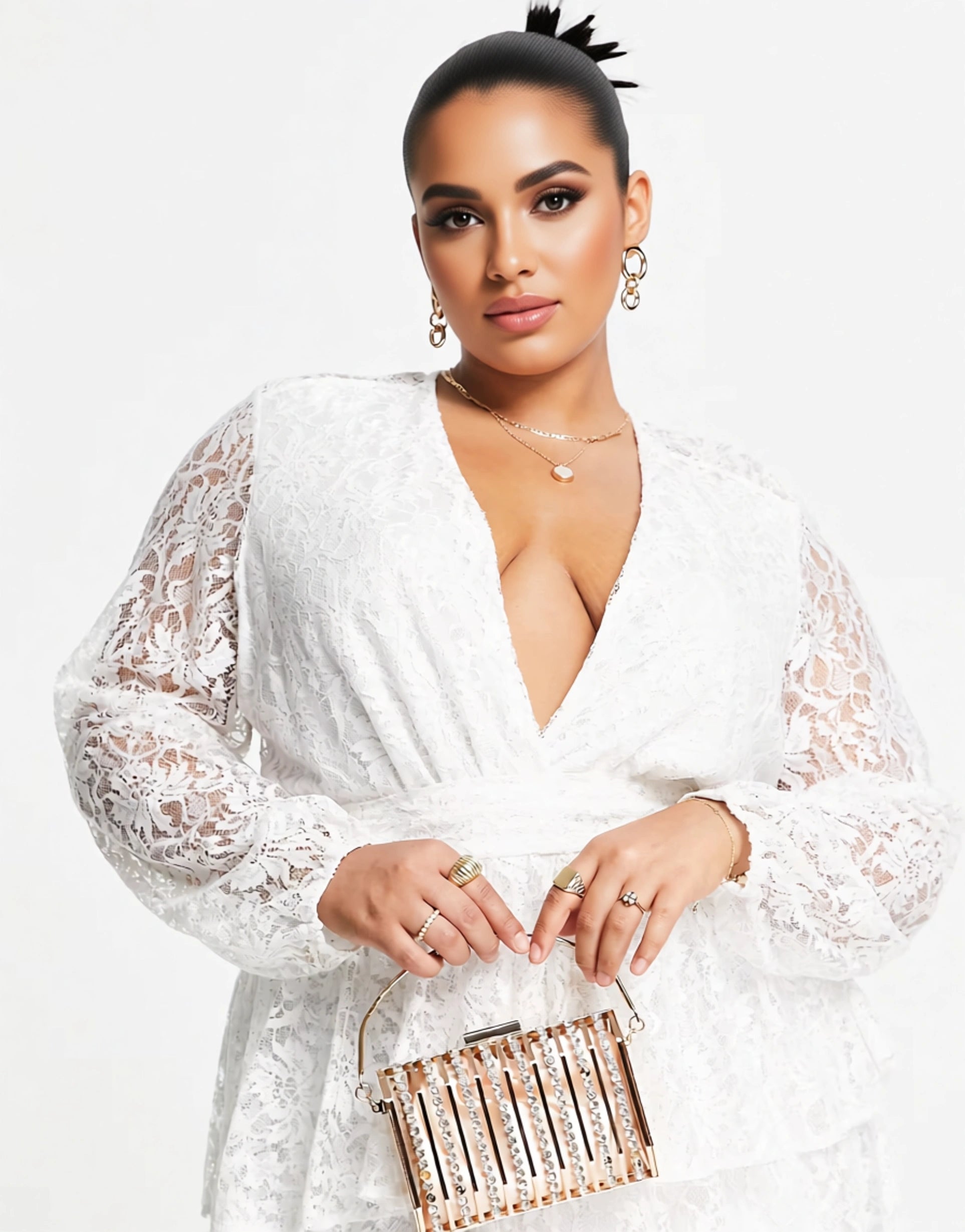 John Zack Plus Womens Lace Long Sleeve Mini Dress In White