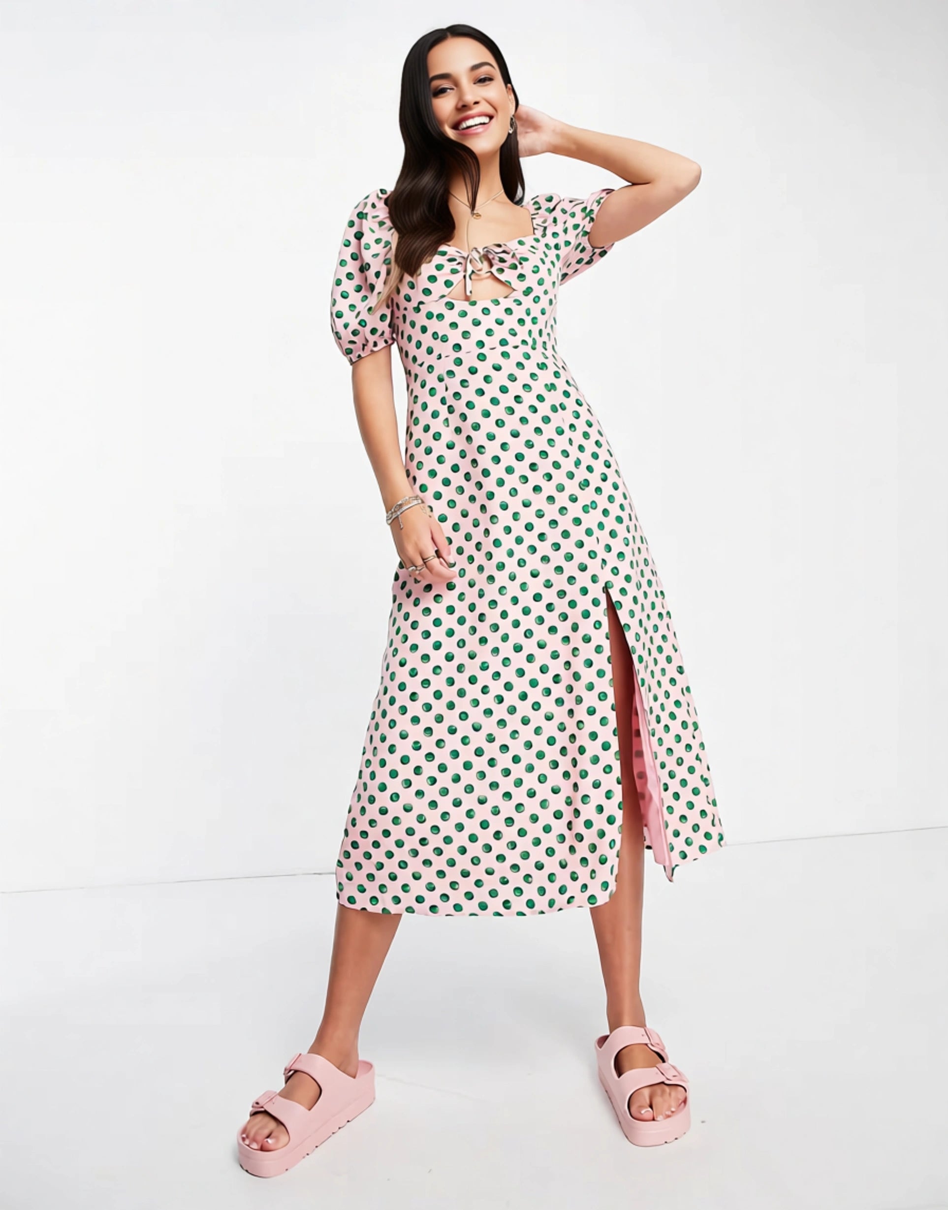 The Frolic Womens Milkmaid Midaxi Dress With Tie Bust Detail in Watercolour Spot