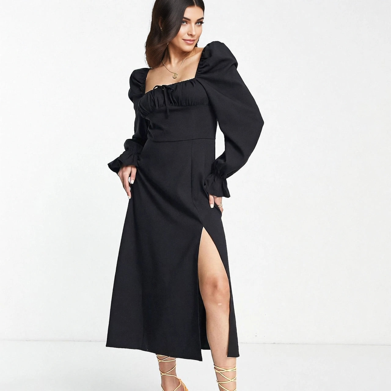 The Frolic Women's Midaxi Milkmaid Dress in Linen With Tie Bust Detail In Black