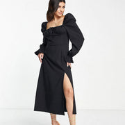 The Frolic Women's Midaxi Milkmaid Dress in Linen With Tie Bust Detail In Black