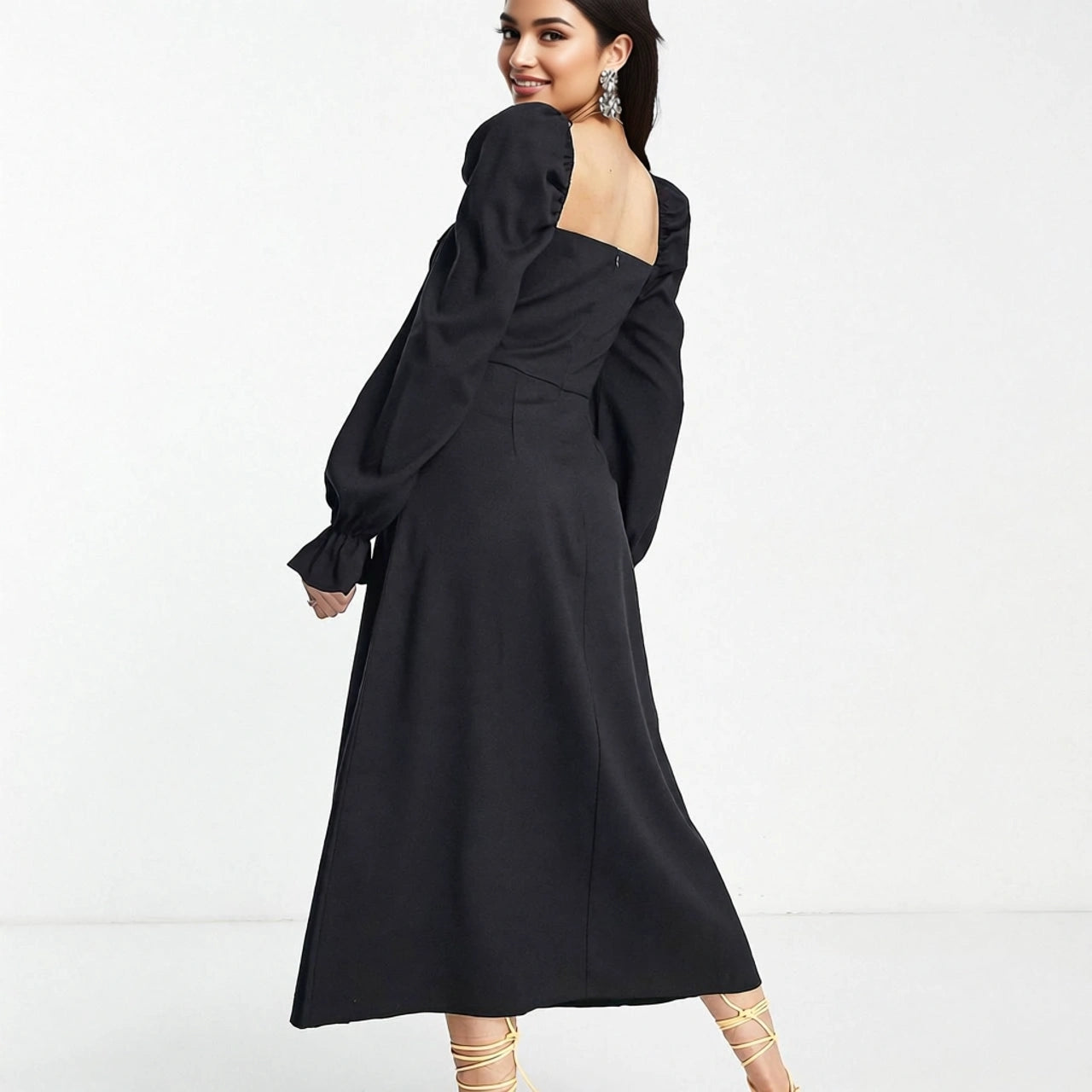 The Frolic Women's Midaxi Milkmaid Dress in Linen With Tie Bust Detail In Black