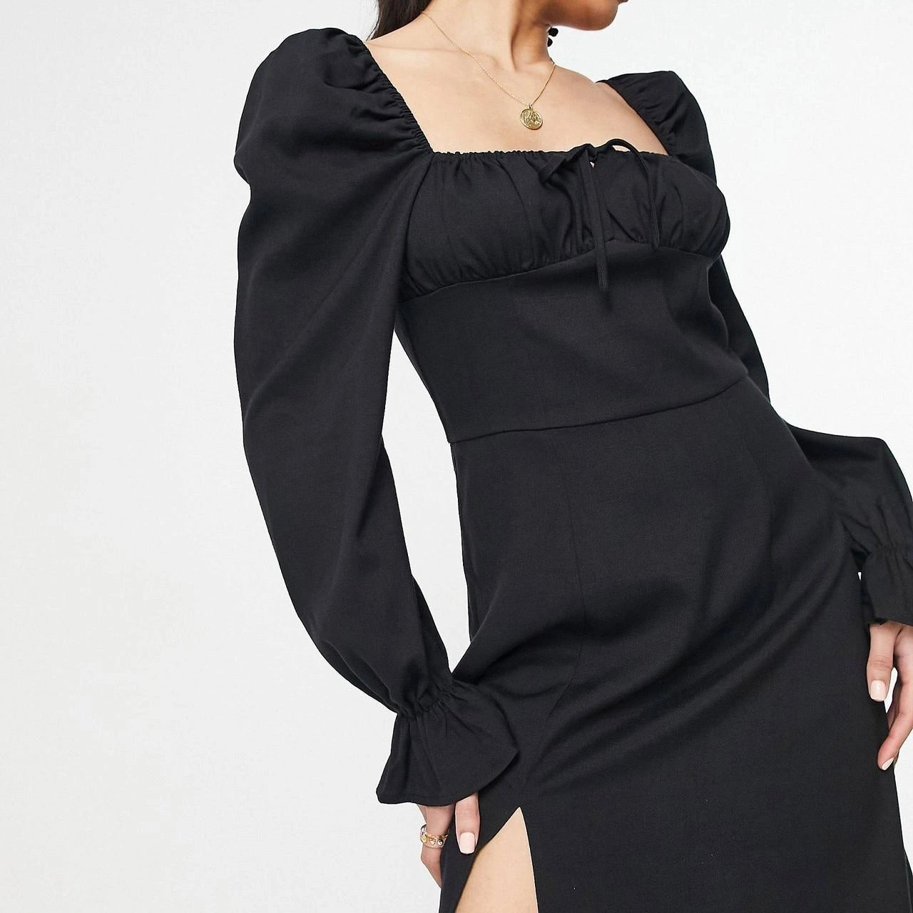 The Frolic Women's Midaxi Milkmaid Dress in Linen With Tie Bust Detail In Black
