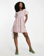 In The Style Womens X Jac Jossa Shirred Bust Frill Sleeve Tiered Mini Smock Dress in Berry Floral