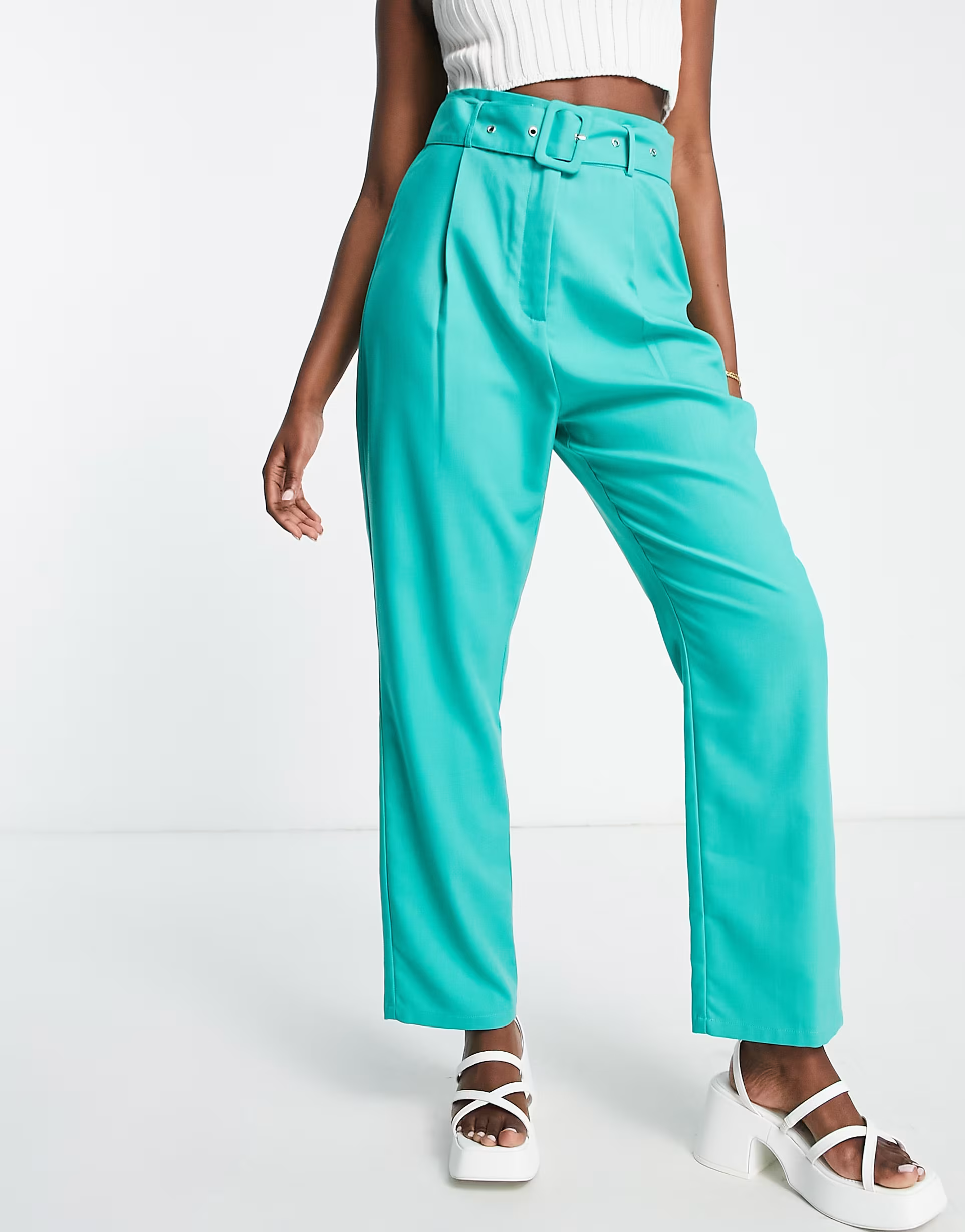 Lola May Womens Flared Trousers With Belt in Jade Green