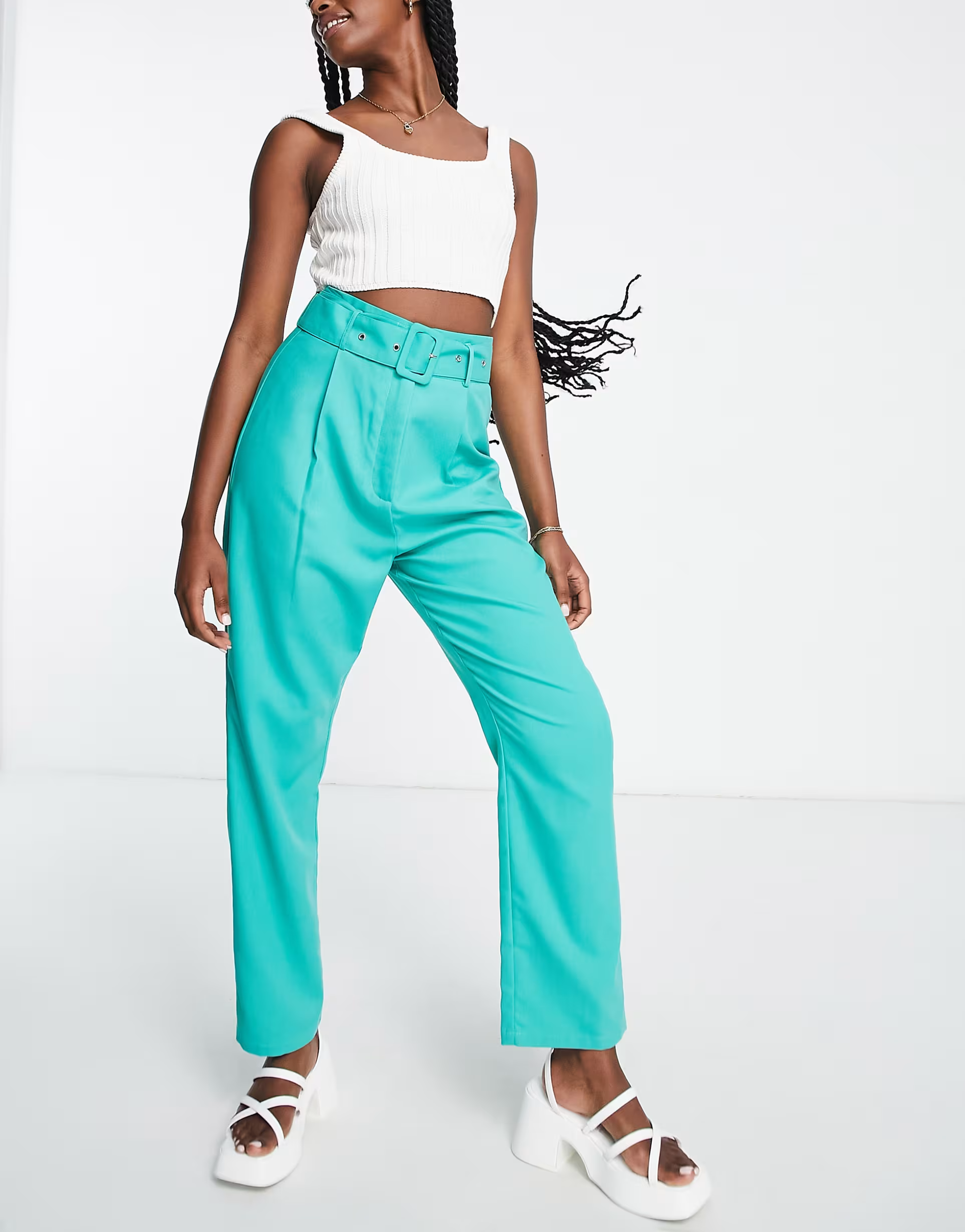 Lola May Womens Flared Trousers With Belt in Jade Green