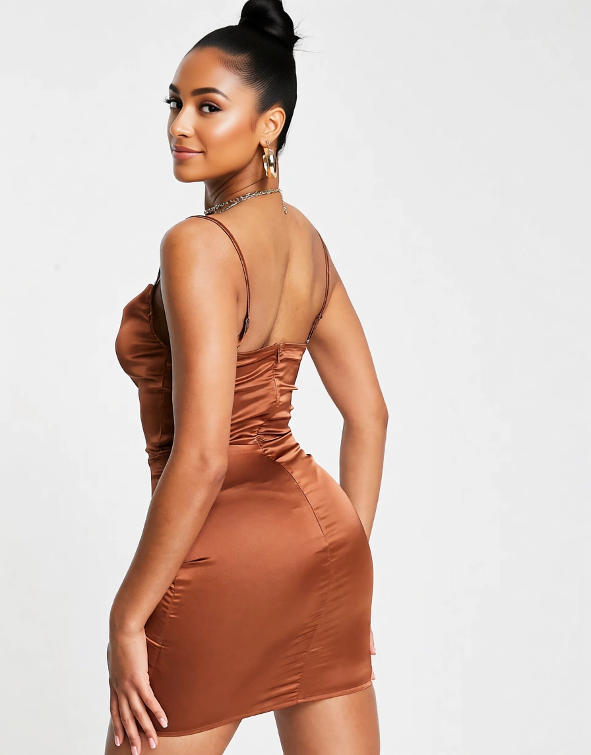 Parisian Petite Womens Satin Cami Strap Mini Dress With Cowl Neck in Capuccino In Brown